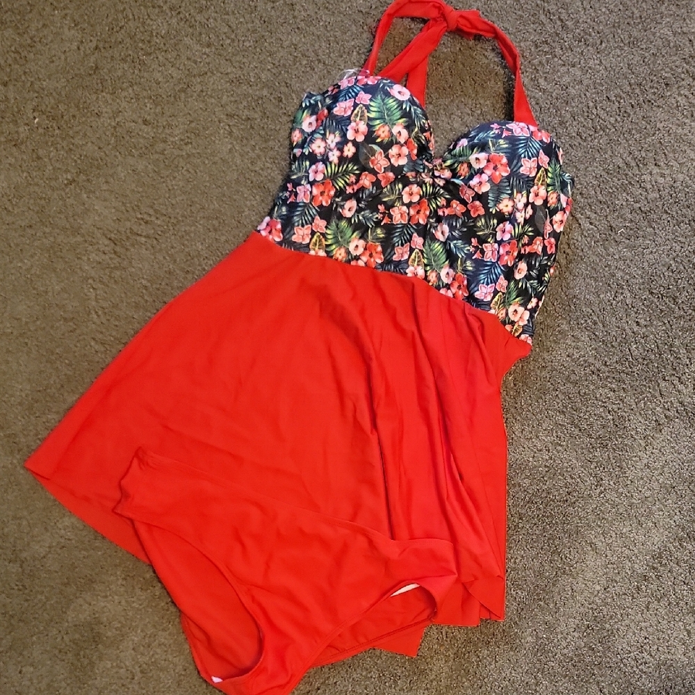 Vibrant Red 2pc Swimsuit with Flowy Floral Design Swim Dress